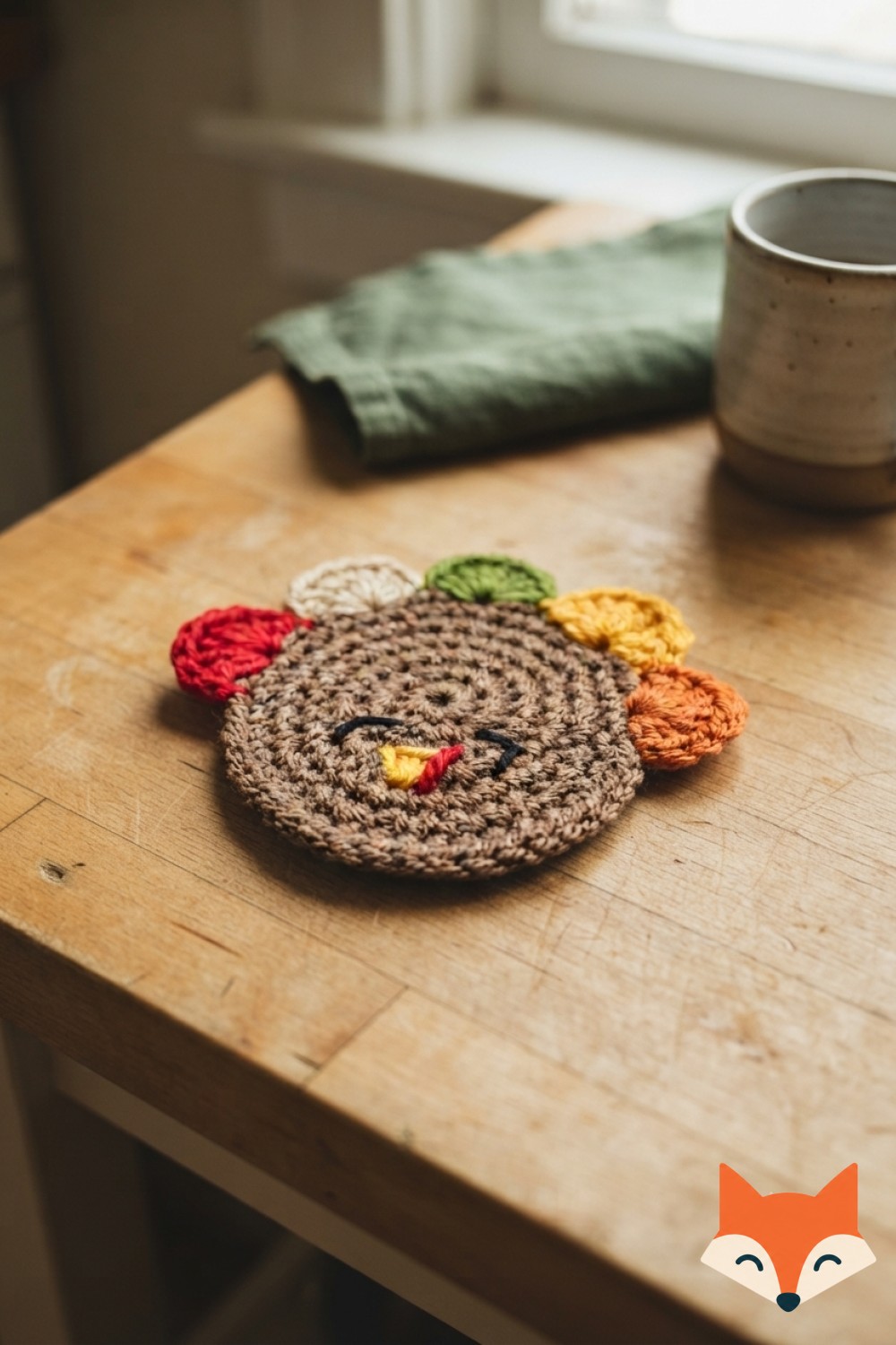 Eight pastel blue and grey elephant-face coasters form a mandala around a teacup in this striking crochet coaster pattern.