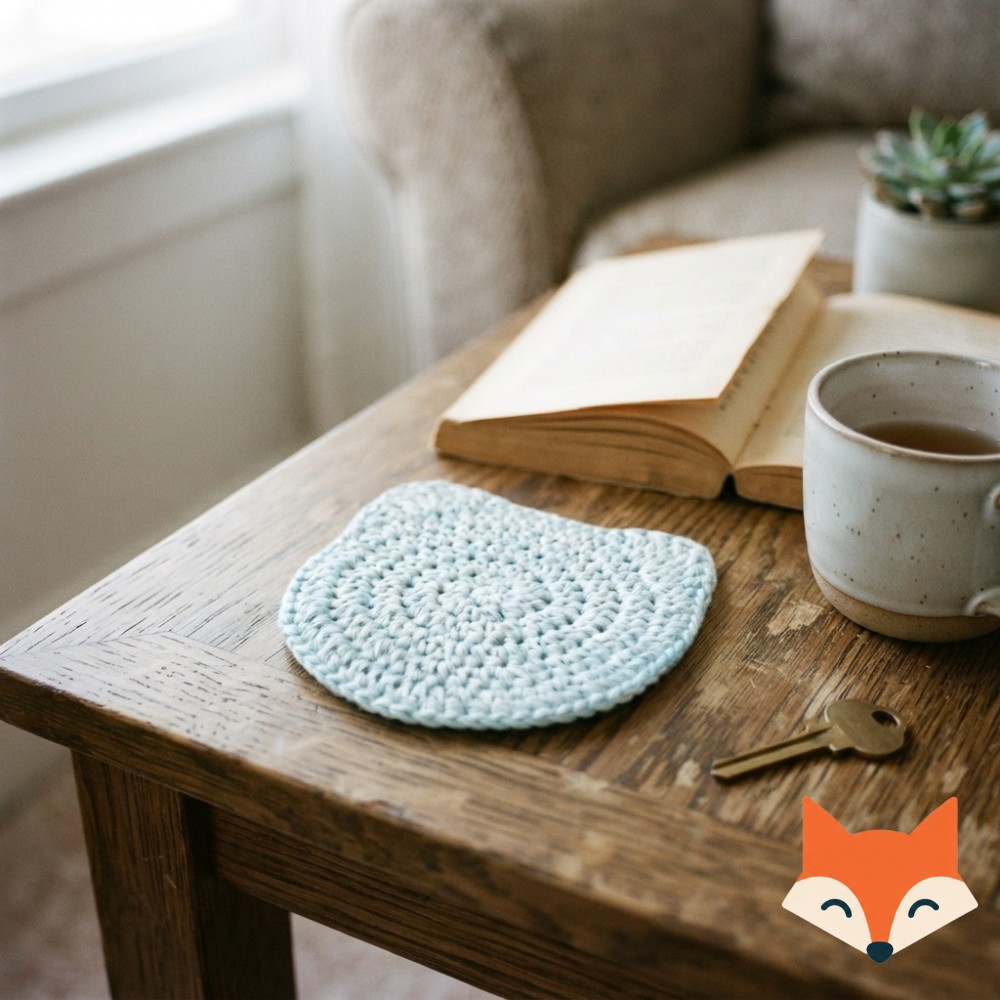 Mustard, terracotta, and cream owl-face coasters scatter on a rattan tray in a cozy animal coaster crochet pattern.