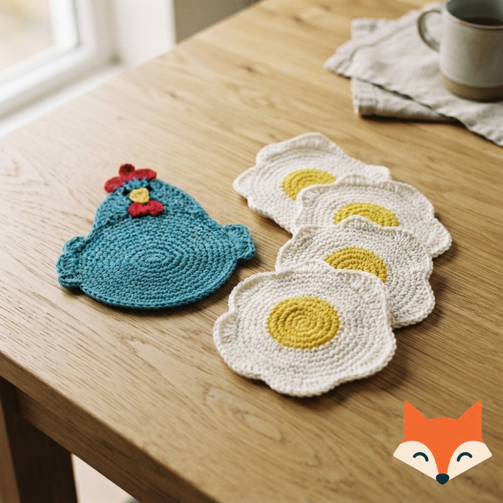 Navy and white penguin-face coasters scatter over a knitted throw near cocoa in a wintry animal coaster crochet pattern.