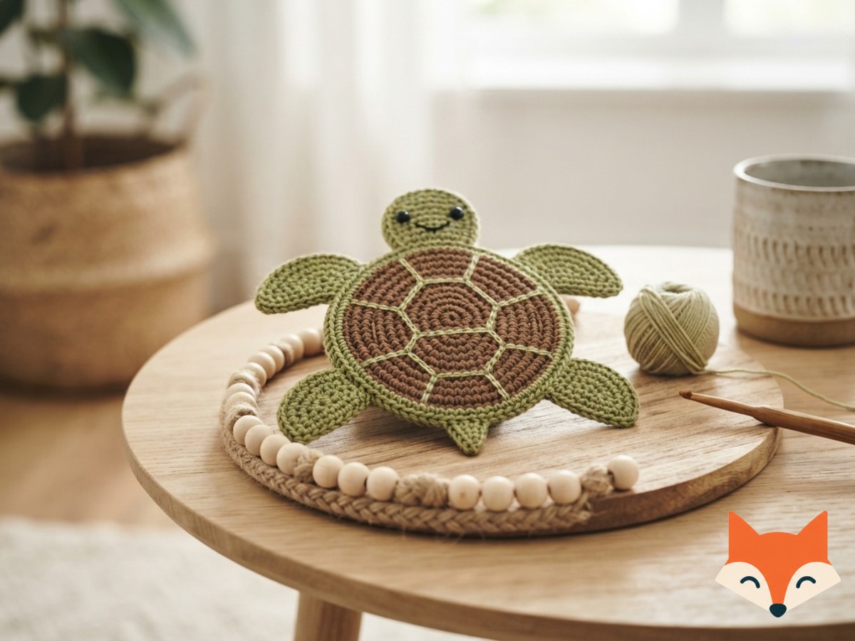 A single black and white panda-face coaster holds an espresso cup, showing a precise two-tone animal coaster crochet pattern.