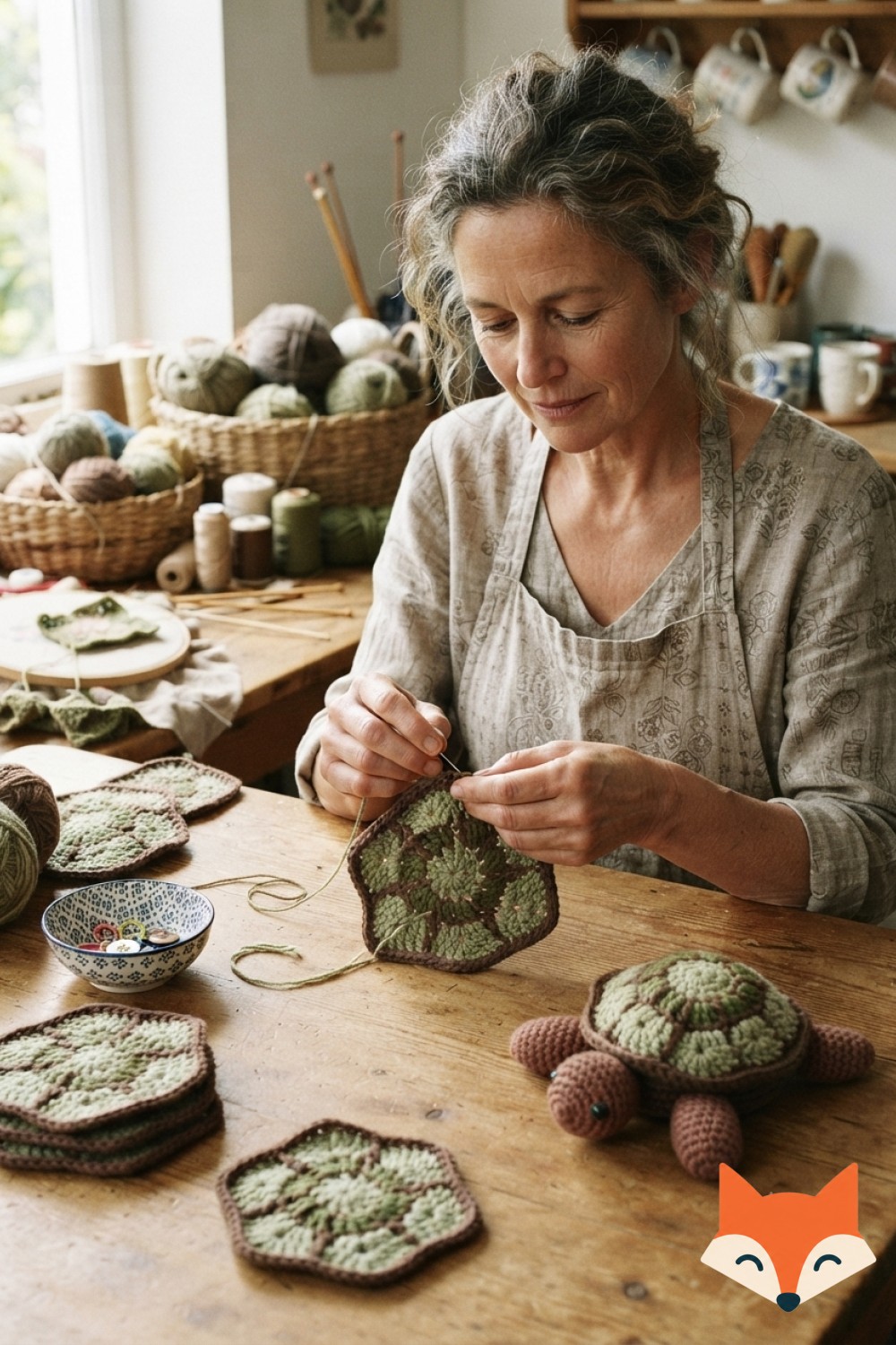 Six lavender and white bunny-face coasters line a marble counter as a soft pastel animal coaster crochet pattern.