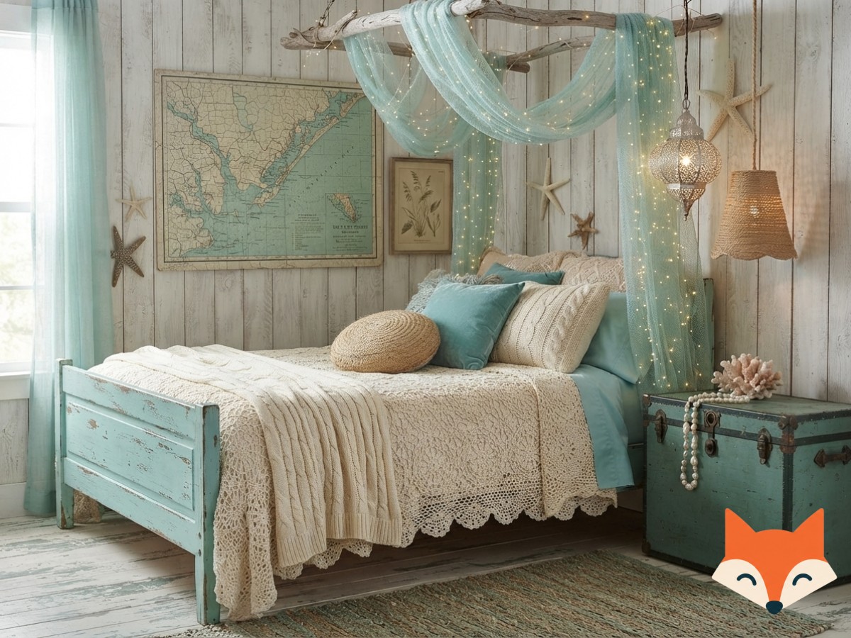 Bohemian coastal bedroom decor idea with a macramé wall hanging above a low platform bed frame