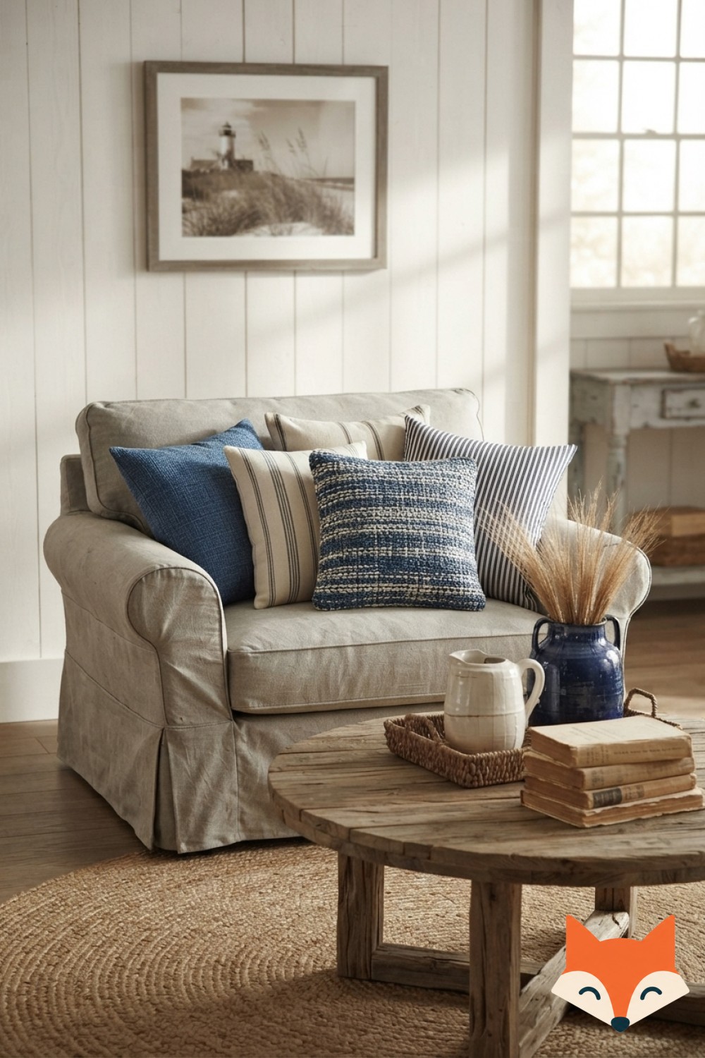 Beach cottage coastal bedroom decor idea showing a rattan headboard and a hand placing a starfish by candlelight