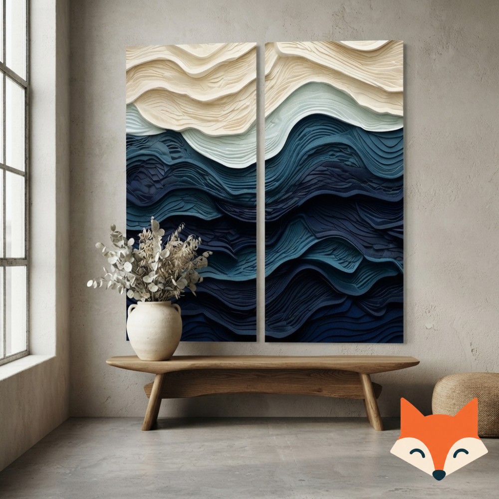 Coastal bedroom decor idea using an oversized wave-textured art panel above a reclaimed wood bench