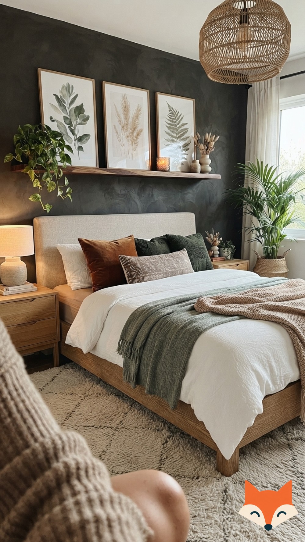 Hands smoothing a white duvet over blue striped shams in a soft morning coastal bedroom scene