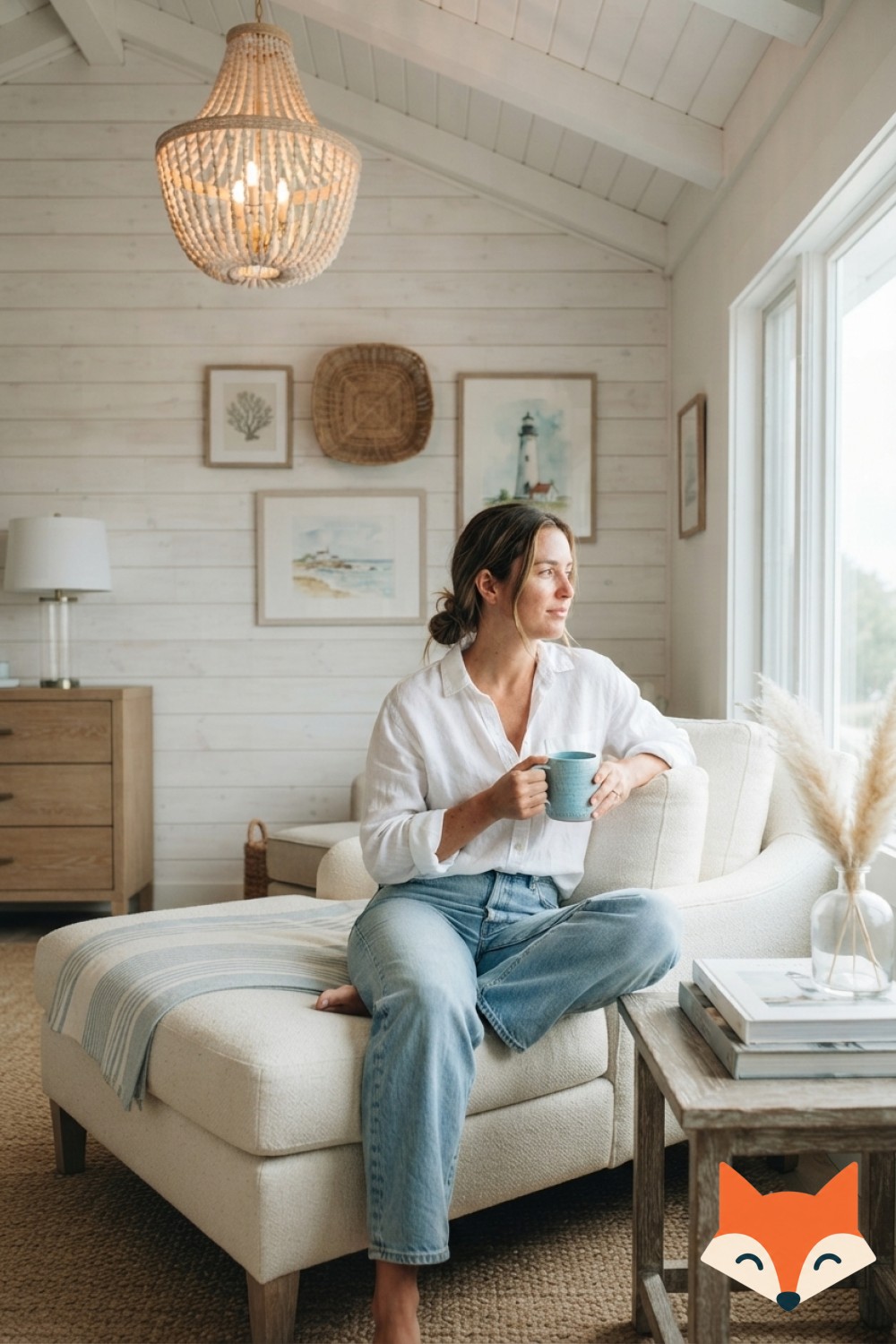 Minimalist coastal bedroom decor idea featuring a driftwood headboard, white linen bedding, and sheer curtains