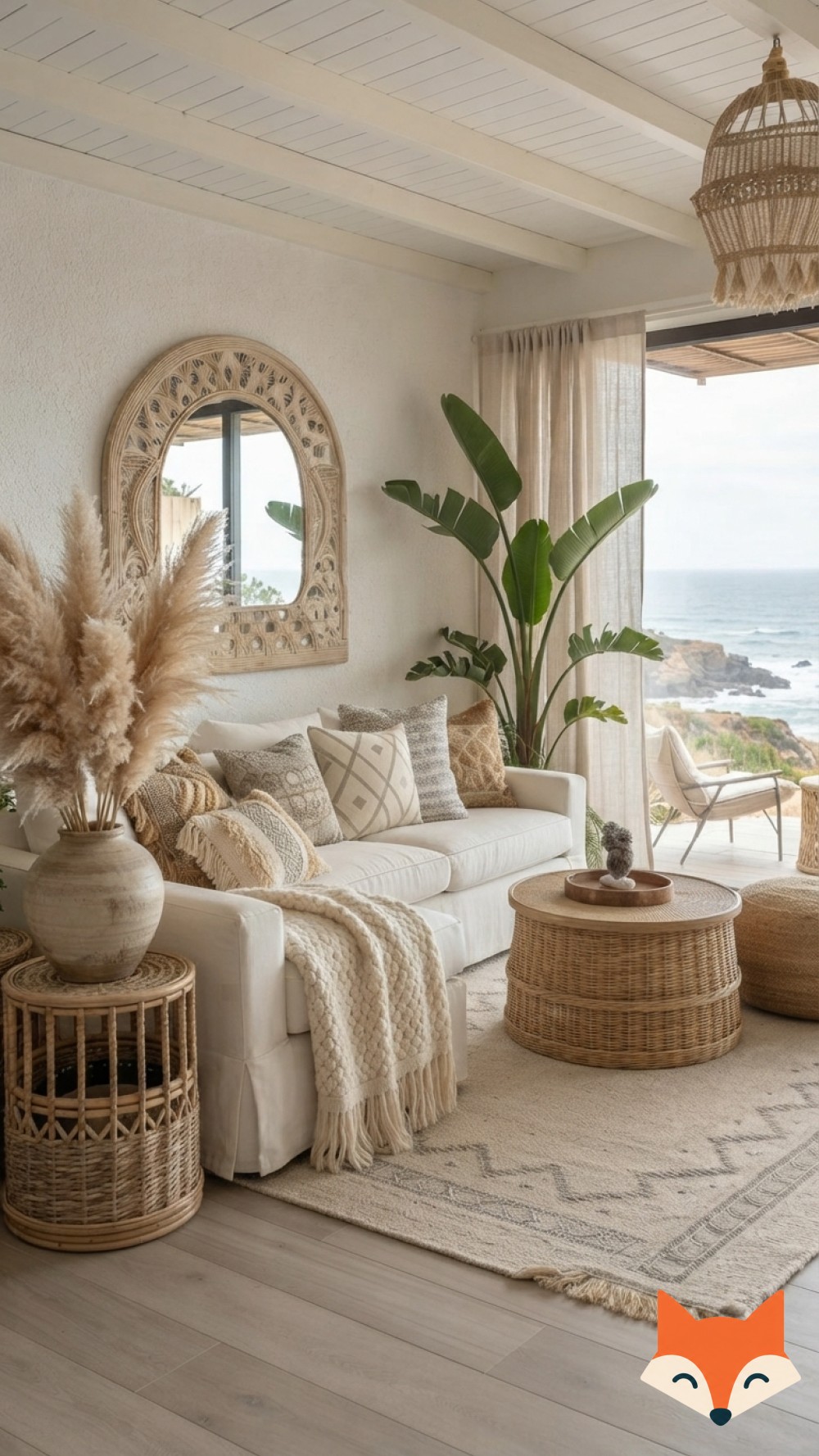 Romantic primary suite coastal bedroom decor idea with a dusty blue tufted headboard and woven pendant lights