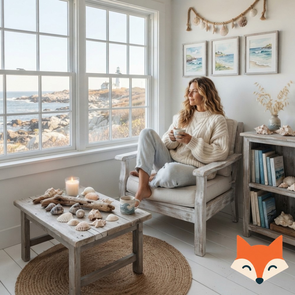 Scandinavian coastal bedroom decor idea with a reading nook, driftwood table, shells, and a lit candle