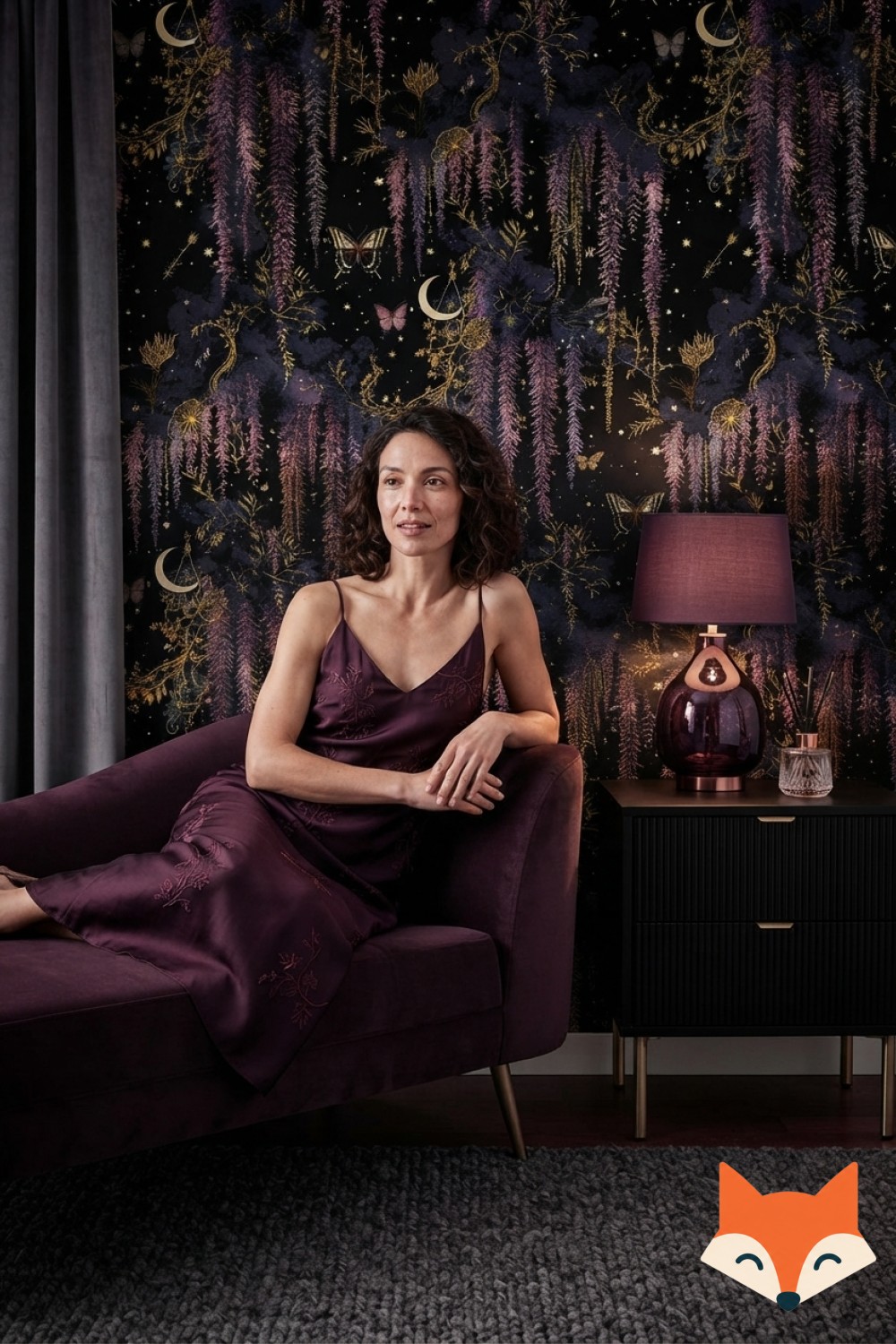 Moody eggplant bedroom with brass sconces and velvet bedspread showing dramatic purple aesthetic bedroom decor
