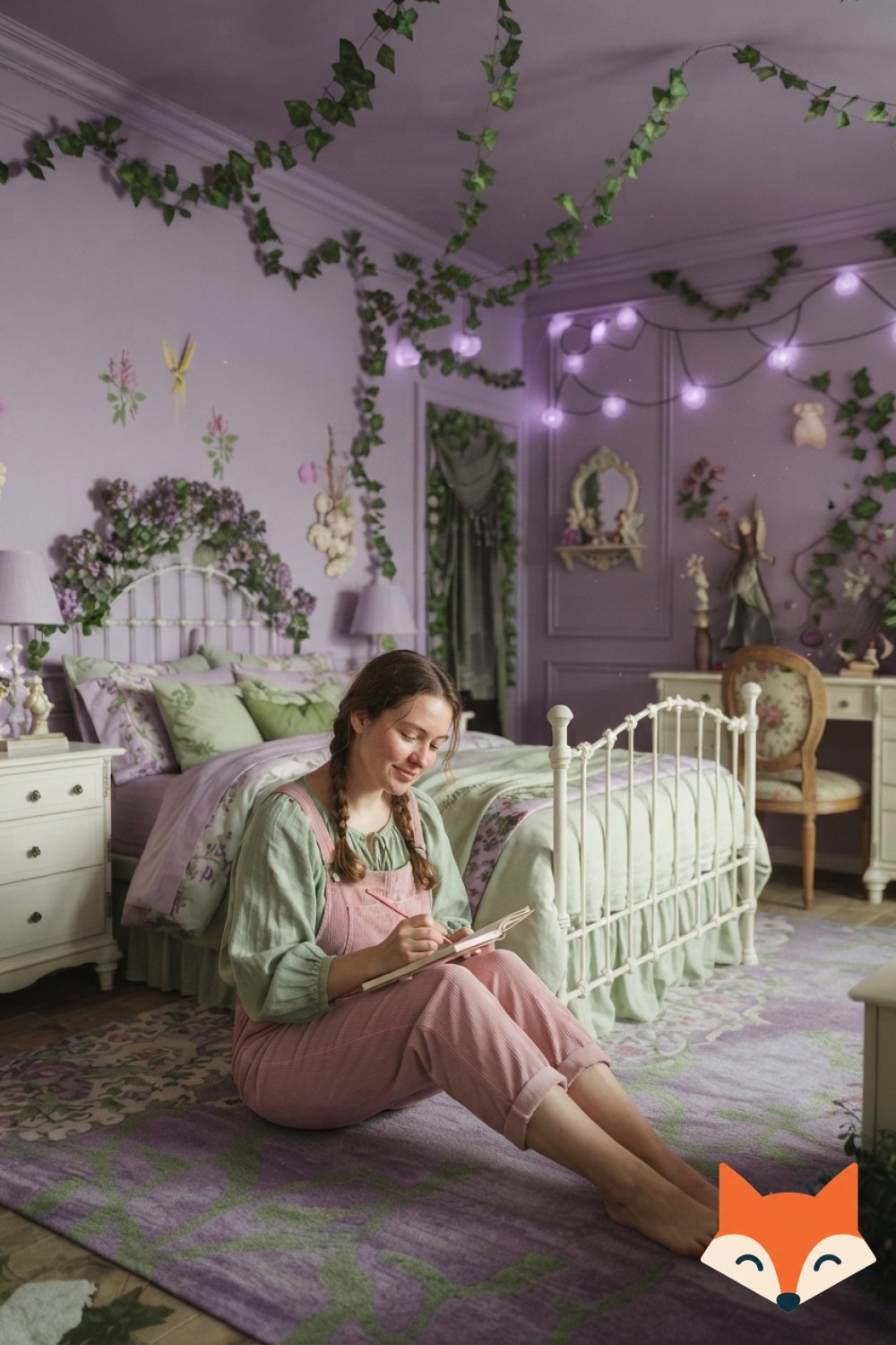 Dreamy pastel purple teen bedroom with string light canopy and gallery wall aesthetic bedroom decor
