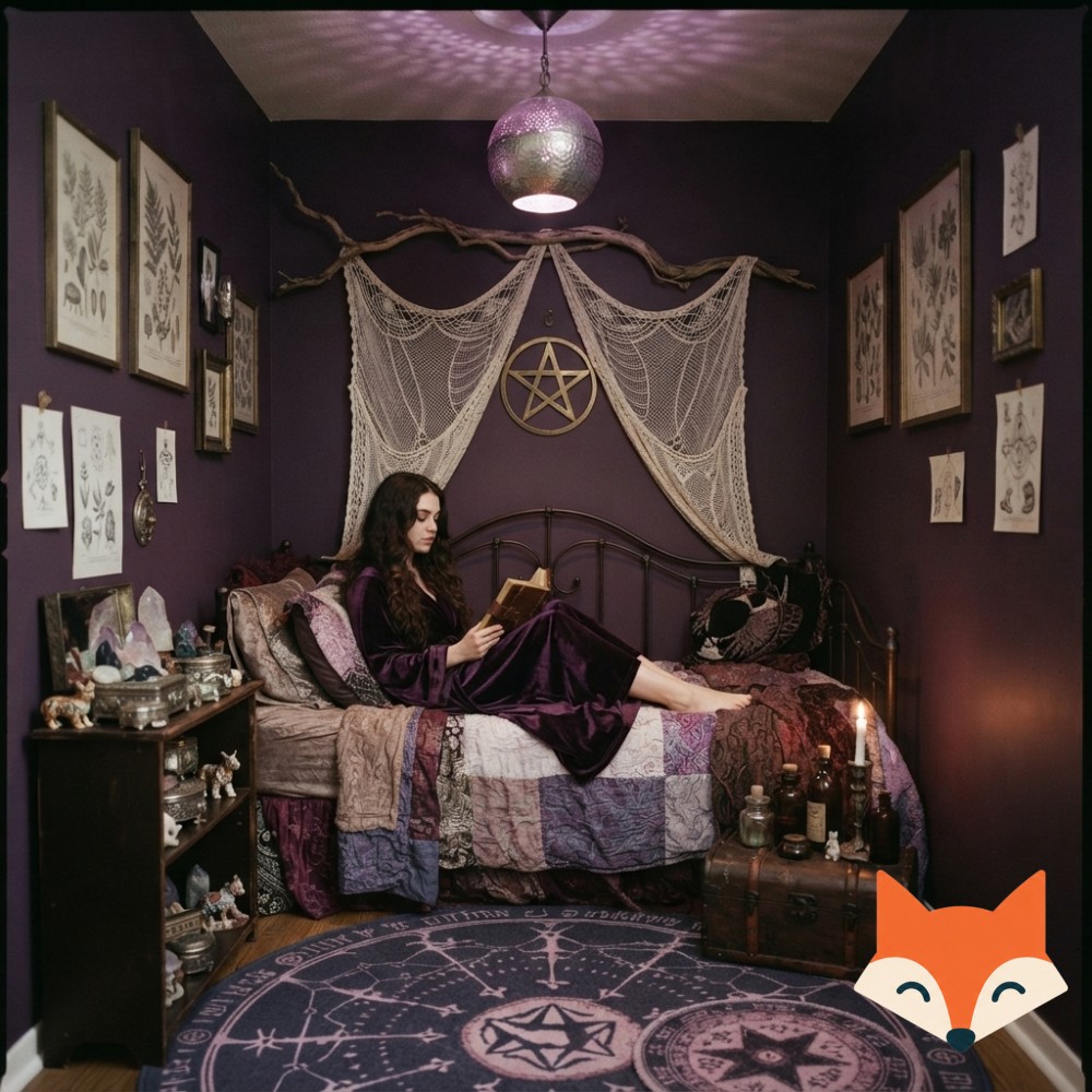 Modern boho bedroom with macrame wall hanging and plum quilt for layered purple aesthetic bedroom decor