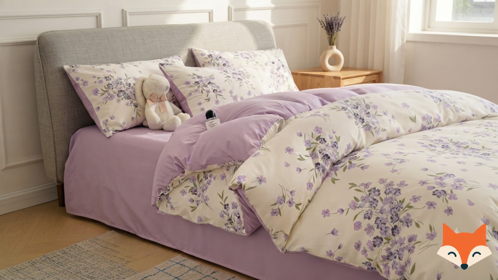 Close-up of plum velvet pillow and dried lavender on purple bedding finishing purple aesthetic bedroom decor