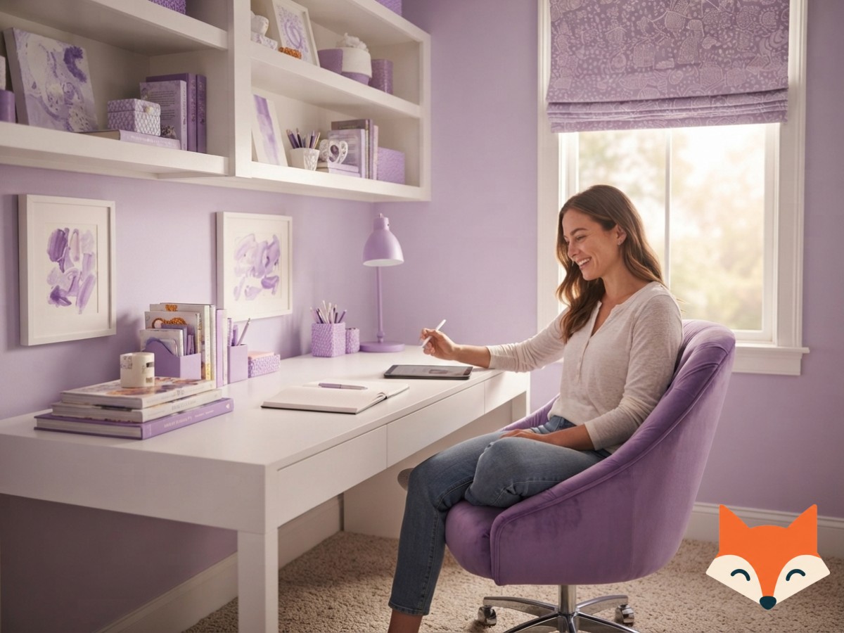 Deep violet accent wall behind a platform bed illustrating minimalist purple aesthetic bedroom decor