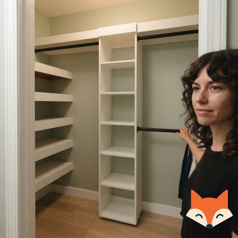 Attic closet with angled shelves following the roofline, a clever small closet organization idea for eaves