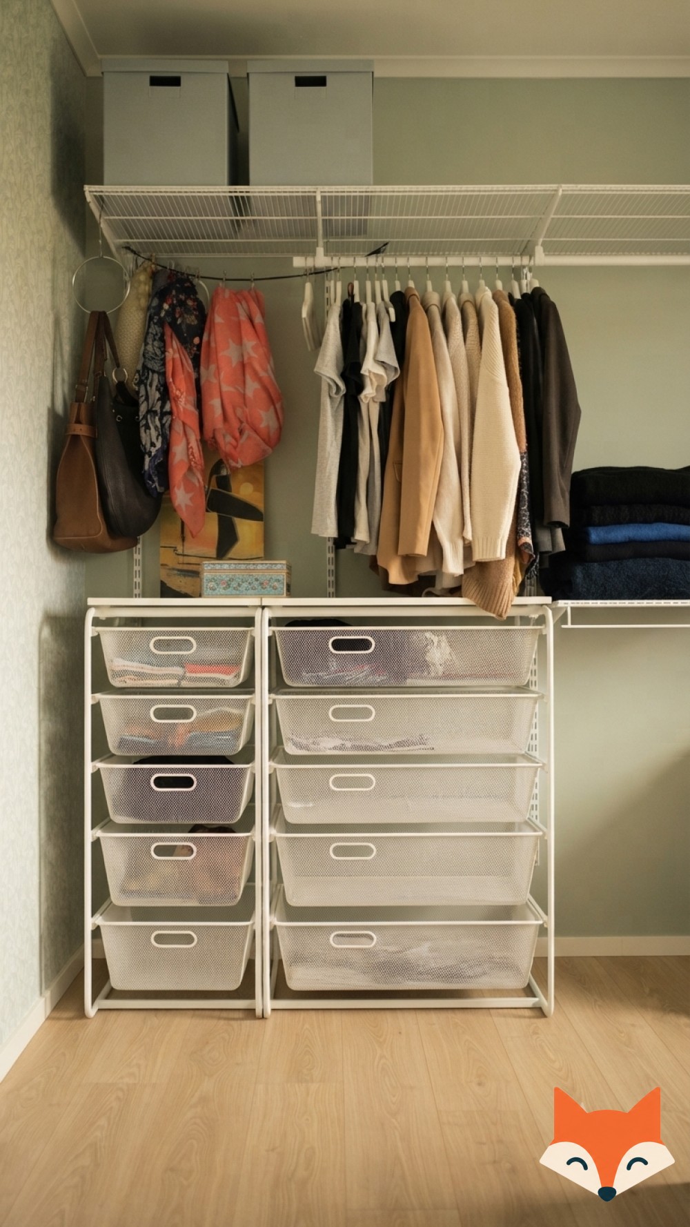 Wire basket tower beside a hanging rod, a budget small closet organization idea for renters
